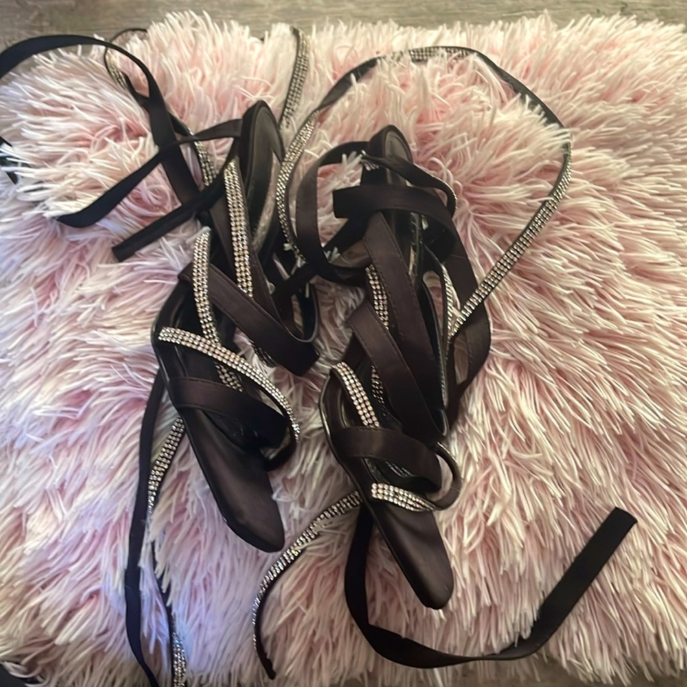 Long strapped wrap around heels with a short heel with beautiful diamonds